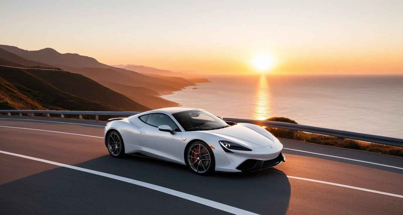 타이어<br>- 차량 유지 보수를 위한 타이어 무상 점검 및 보증 서비스 (a stylish sports car parked on a scenic coastal highway overlook at sunset, cinematic lighting, realistic, no people)