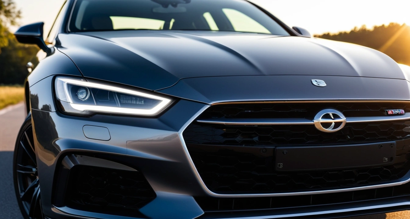 방어 운전<br>- 1인 가구 직장인을 위한 효율적인 주차 공식 정복 (close-up of a modern luxury car headlight and clean front bumper, professional automotive photography, no people)