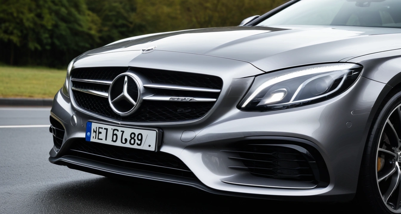 안드로이드 오토<br>- 안드로이드 오토 전용 무선 동글의 효율적 하드웨어 활용 (close-up of a modern luxury car headlight and clean front bumper, professional automotive photography, no people)