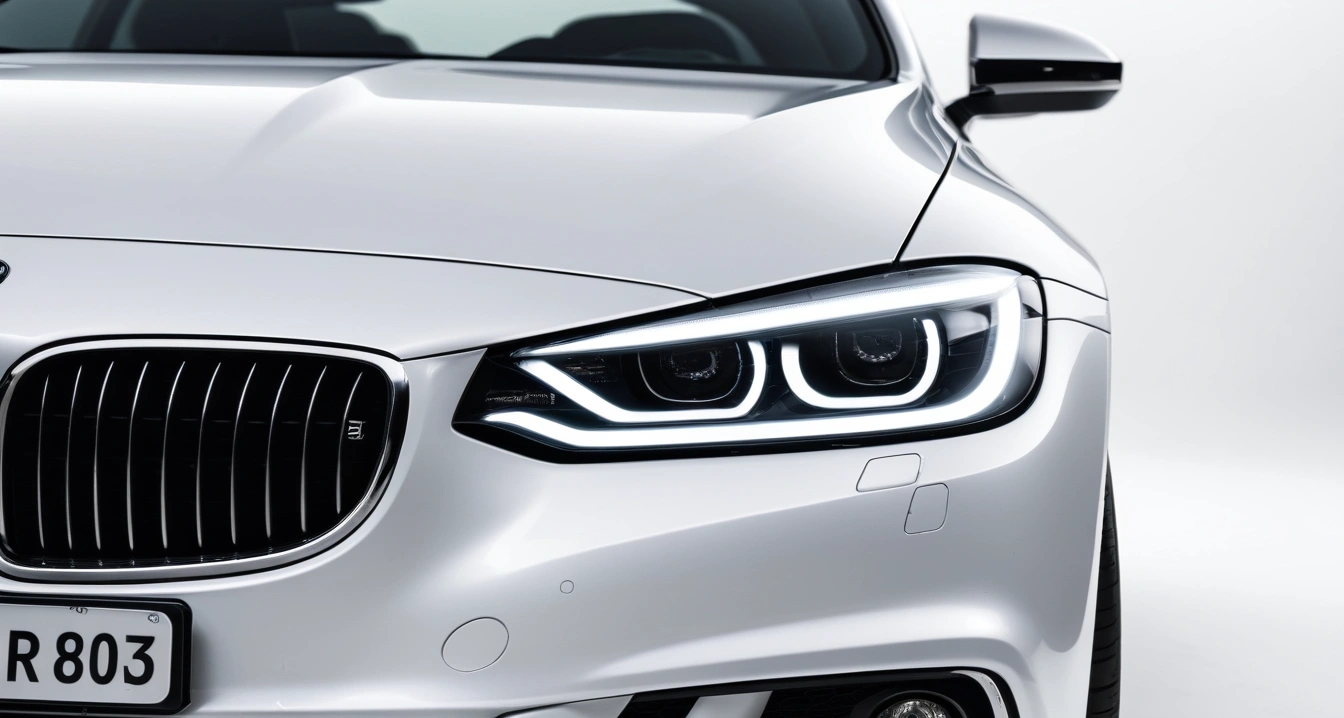 애플 카플레이<br>- 가성비 최고의 무선 카플레이 동글 활용법 (close-up of a modern luxury car headlight and clean front bumper, professional automotive photography, no people)