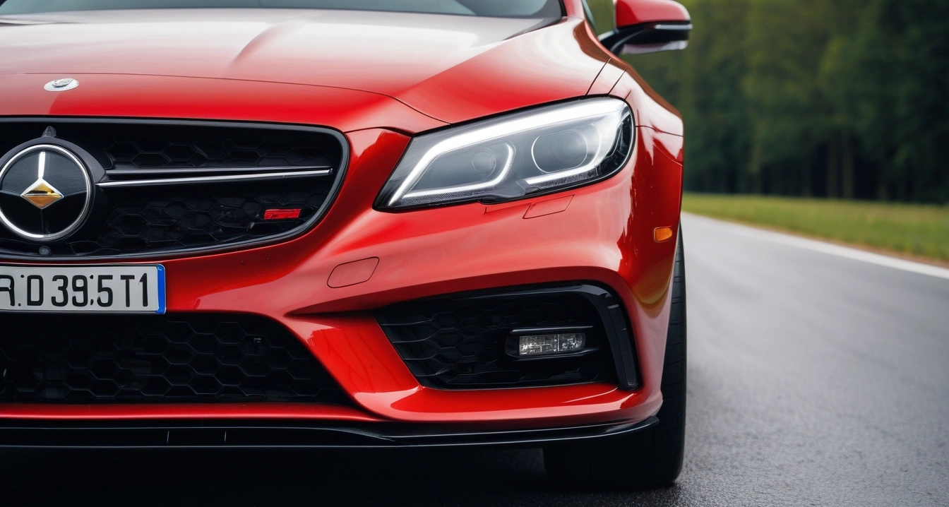 디테일링<br>- 차량 도장면 보호를 위한 유리막 코팅제의 과학적 도포 기술 (close-up of a modern luxury car headlight and clean front bumper, professional automotive photography, no people)
