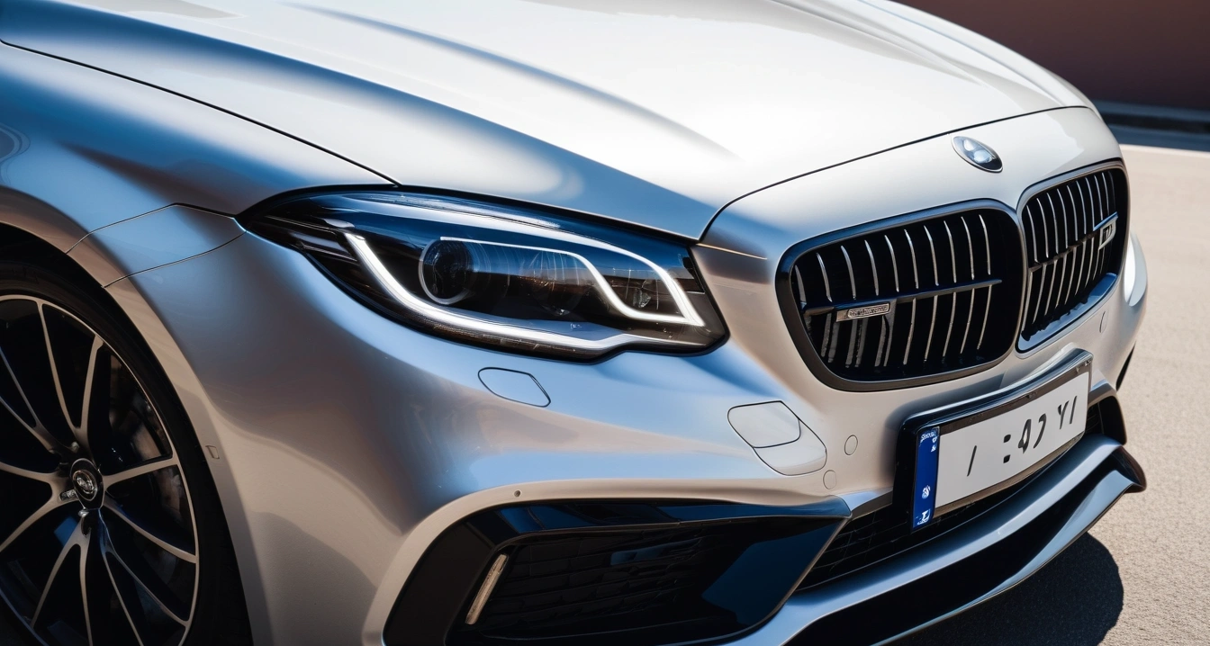 초보 운전<br>- 초보 운전자가 놓치는 스마트폰 무선 충전기 발열 사고 (close-up of a modern luxury car headlight and clean front bumper, professional automotive photography, no people)