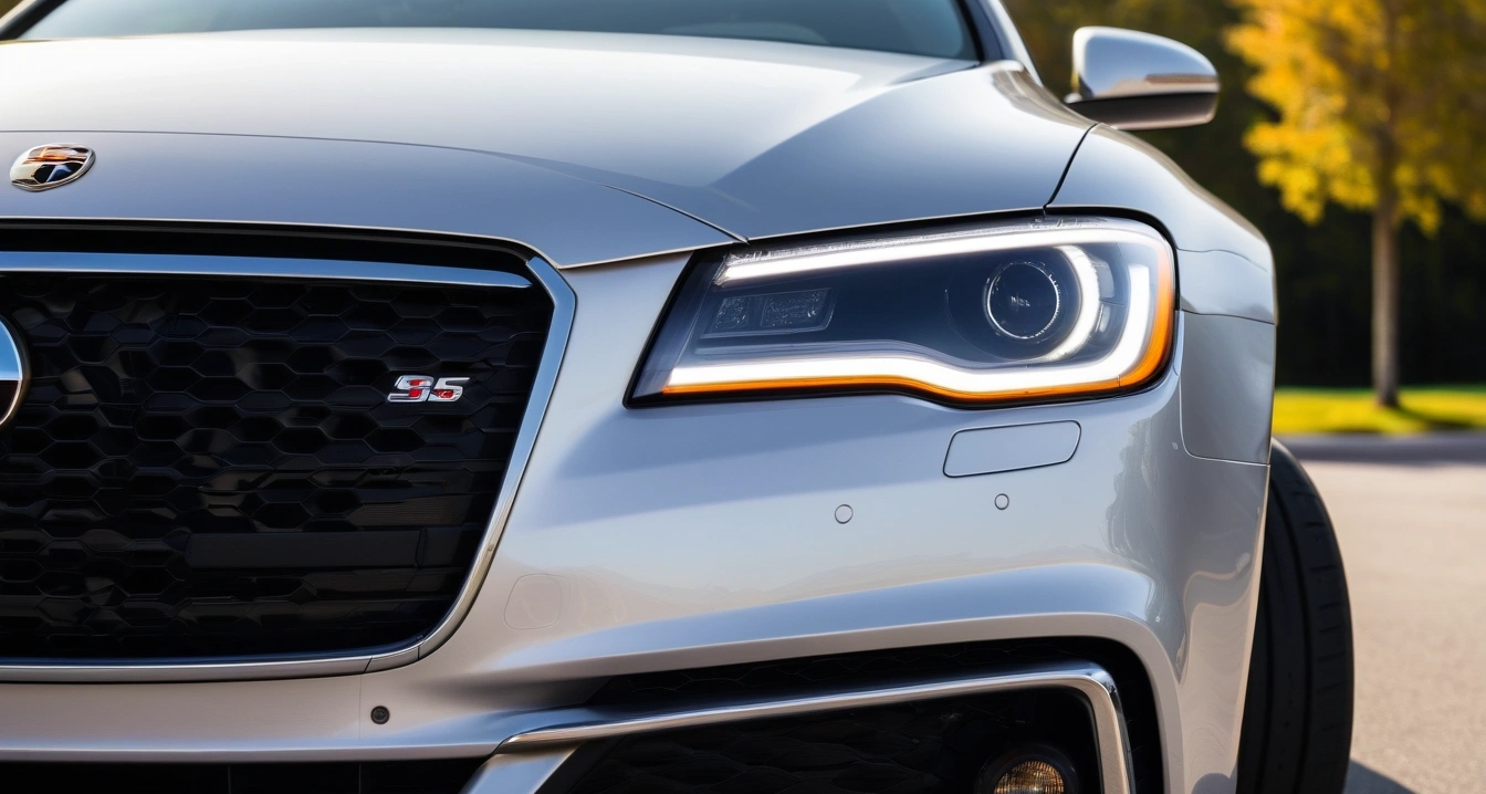 자동차 경고등<br>- 자동차 주요 부품별 고장 신호 및 운전자 초기 대응 전략 (close-up of a modern luxury car headlight and clean front bumper, professional automotive photography, no people)
