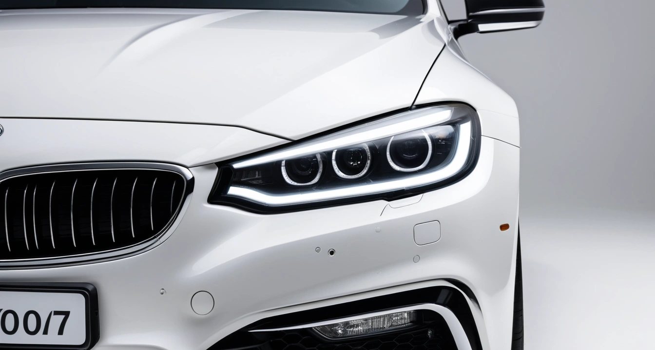 운전면허<br>- 긴급 상황 대처를 위한 자동차 점검 리스트 (close-up of a modern luxury car headlight and clean front bumper, professional automotive photography, no people)