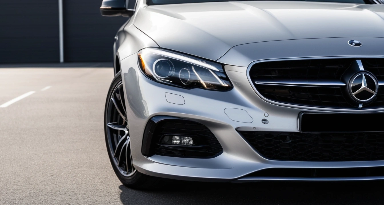 유리막 코팅<br>- 겨울철 혹한기 대비 자동차 외장 보호 시스템 구축 (close-up of a modern luxury car headlight and clean front bumper, professional automotive photography, no people)