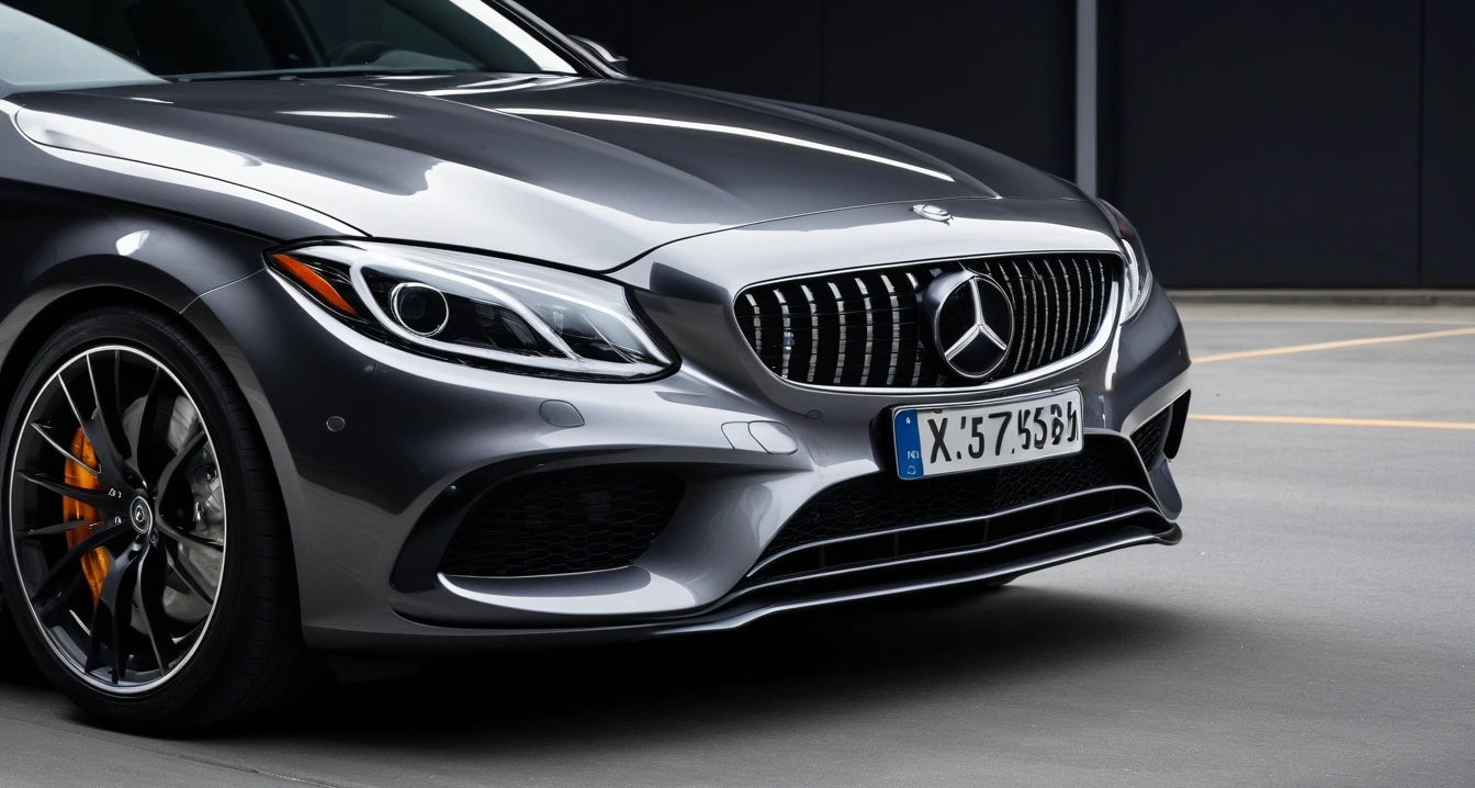 차량 관리<br>- 디지털 모빌리티 앱을 활용한 차량 운행 기록 및 정비 효율화 (close-up of a modern luxury car headlight and clean front bumper, professional automotive photography, no people)