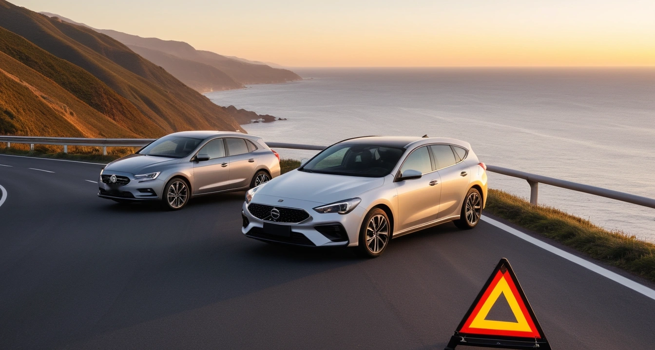 a stylish double parked car and a safety 1